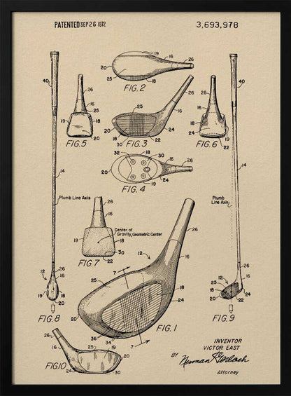 A framed vintage patent illustration for a golf club, dated September 26, 1972. The drawing, on beige paper, shows multiple detailed figures of the club's design from various angles, complete with reference numbers and labels like 'Plumb Line Axis'. Print