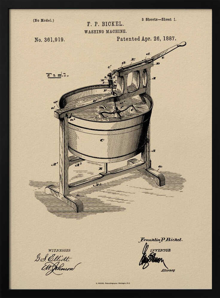 A framed vintage patent illustration for an F. P. Bickel washing machine, patented on April 26, 1887. The technical drawing, rendered in black ink on a beige background, shows a tub on a wooden stand with a hand-cranked mechanism. Artwork