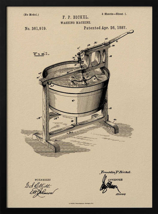 A framed vintage patent illustration for an F. P. Bickel washing machine, patented on April 26, 1887. The technical drawing, rendered in black ink on a beige background, shows a tub on a wooden stand with a hand-cranked mechanism. Artwork
