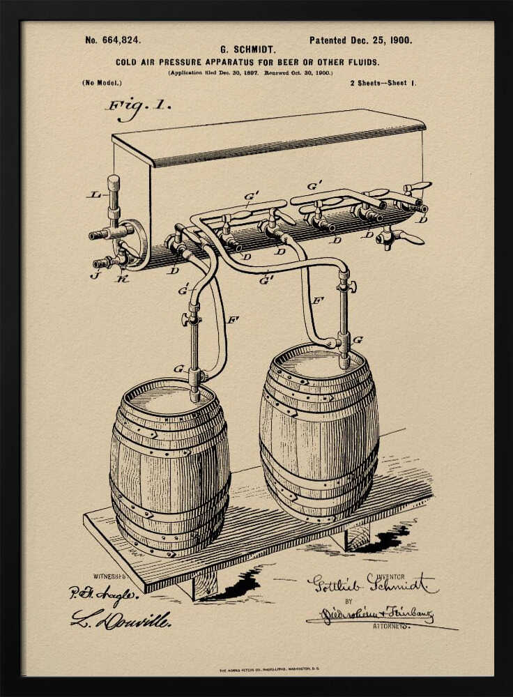 A framed vintage patent illustration from December 25, 1900, for a 'Cold Air Pressure Apparatus for Beer or Other Fluids.' The black ink drawing on beige paper details a system of pipes and valves connecting two wooden barrels to a dispenser, with official patent numbers and signatures below. Print