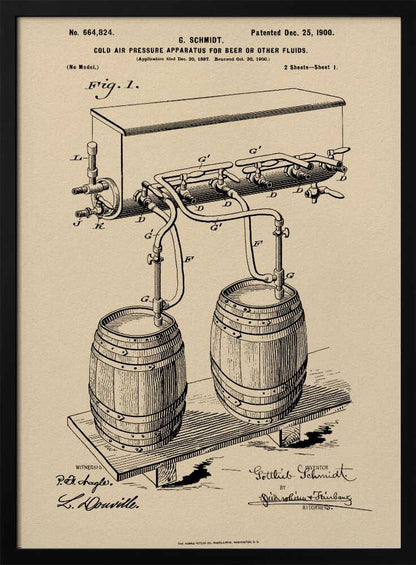 A framed vintage patent illustration from December 25, 1900, for a 'Cold Air Pressure Apparatus for Beer or Other Fluids.' The black ink drawing on beige paper details a system of pipes and valves connecting two wooden barrels to a dispenser, with official patent numbers and signatures below. Print