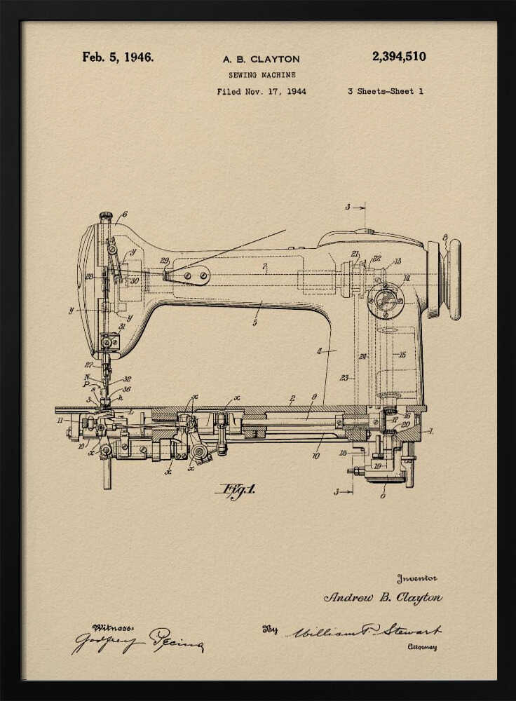 A framed vintage patent illustration for a sewing machine by A.B. Clayton, dated February 5, 1946. The detailed black line drawing is on a beige, parchment-style background and shows a side view of the machine with its internal mechanisms labeled with numbers. The entire piece is presented in a simple black frame. Artwork