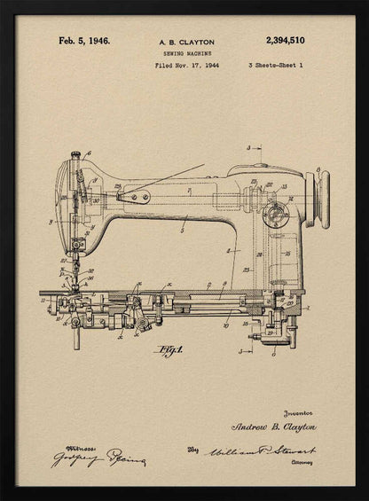 A framed vintage patent illustration for a sewing machine by A.B. Clayton, dated February 5, 1946. The detailed black line drawing is on a beige, parchment-style background and shows a side view of the machine with its internal mechanisms labeled with numbers. The entire piece is presented in a simple black frame. Artwork