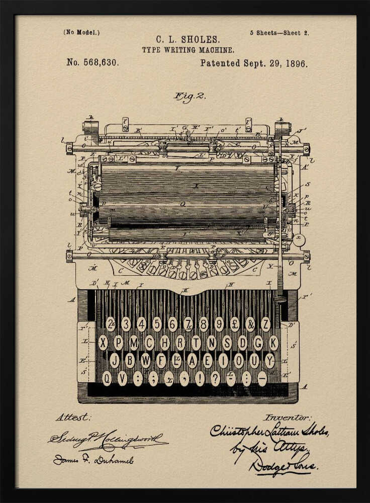 A framed vintage patent illustration for a C.L. Sholes typewriter, dated September 29, 1896. The detailed black ink drawing is on a beige background and shows a front view of the machine's complex mechanics and keyboard, with signatures of the inventor and attestants below. Print