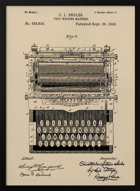 A framed vintage patent illustration for a C.L. Sholes typewriter, dated September 29, 1896. The detailed black ink drawing is on a beige background and shows a front view of the machine's complex mechanics and keyboard, with signatures of the inventor and attestants below. Print