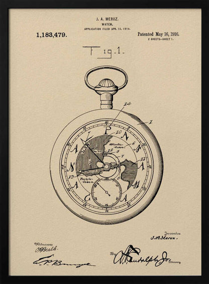 A framed vintage patent illustration for a watch by J.A. Meroz, dated 1916. The technical drawing showcases a pocket watch with a world map on its face, set against a beige, parchment-like background with a black frame. Poster