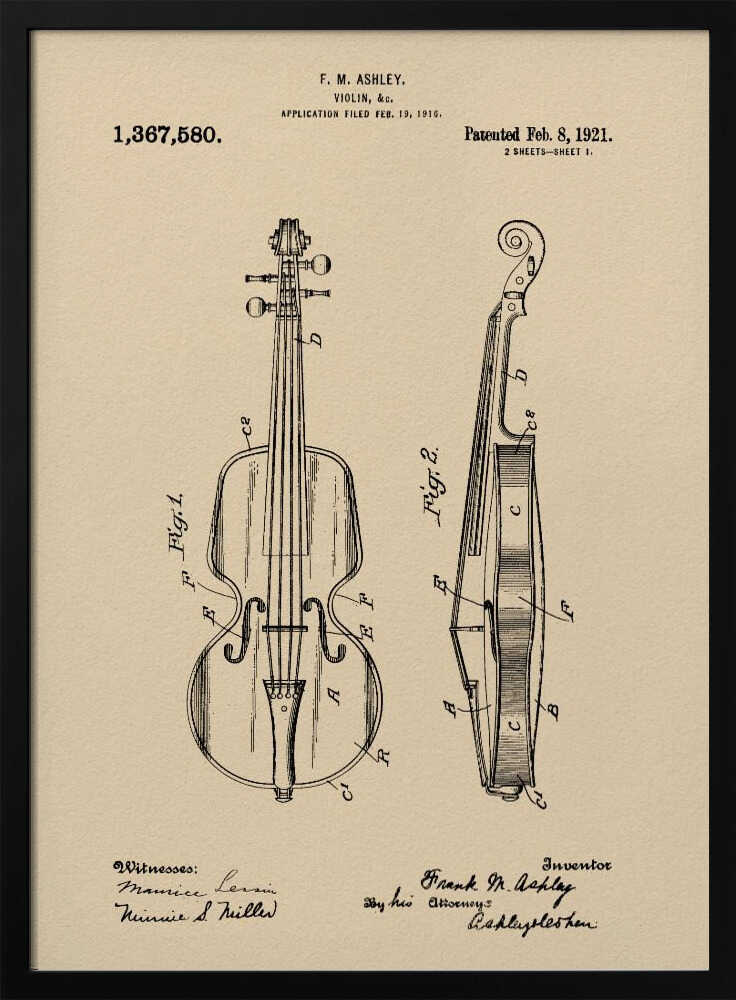 A framed vintage patent illustration for a violin, dated 1921. The drawing, on a beige parchment-style background, shows a front view and a side cross-section of the violin, with technical labels and signatures of the inventor and witnesses. Wall Art