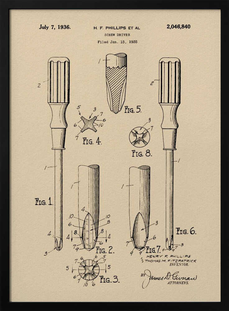 A framed vintage patent illustration for an H.F. Phillips screwdriver, dated July 7, 1936. The technical drawing on beige paper displays multiple figures of the screwdriver and its cross-head tip, rendered in black ink. Print
