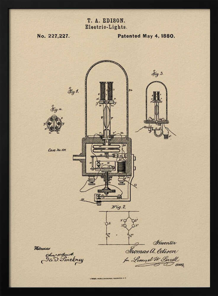 A framed vintage patent illustration for T. A. Edison's electric lights, dated May 4, 1880. The technical drawing, in black ink on a beige background, shows detailed diagrams of an early incandescent light bulb and its circuitry, complete with handwritten signatures. Wall Art