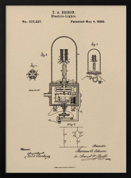A framed vintage patent illustration for T. A. Edison's electric lights, dated May 4, 1880. The technical drawing, in black ink on a beige background, shows detailed diagrams of an early incandescent light bulb and its circuitry, complete with handwritten signatures. Wall Art