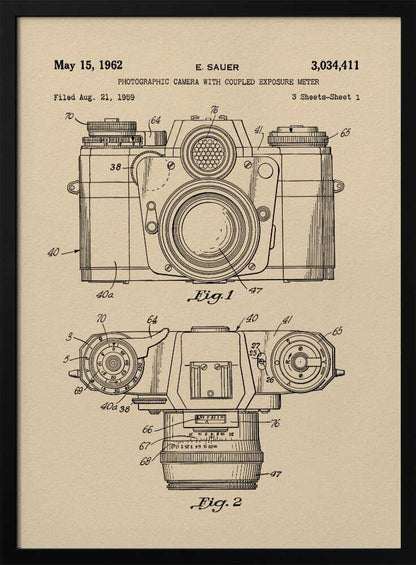 A framed vintage patent illustration from 1962 for a photographic camera with an exposure meter, showing detailed front and top-down technical drawings in black ink on aged beige paper. Decor