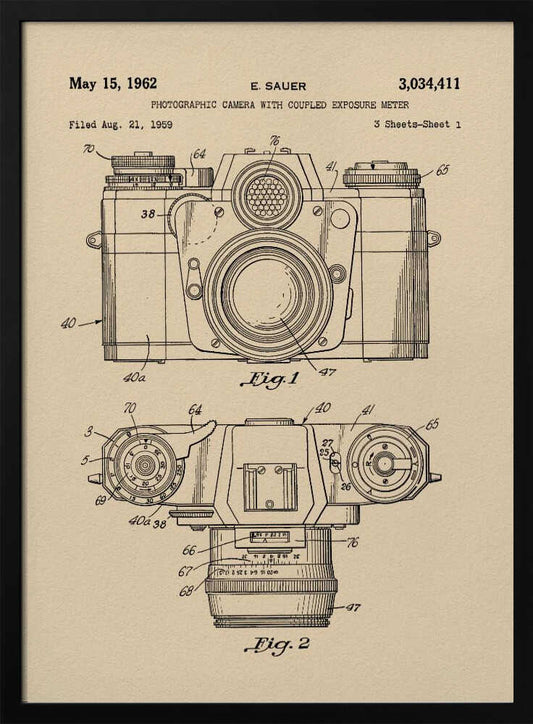 A framed vintage patent illustration from 1962 for a photographic camera with an exposure meter, showing detailed front and top-down technical drawings in black ink on aged beige paper. Decor