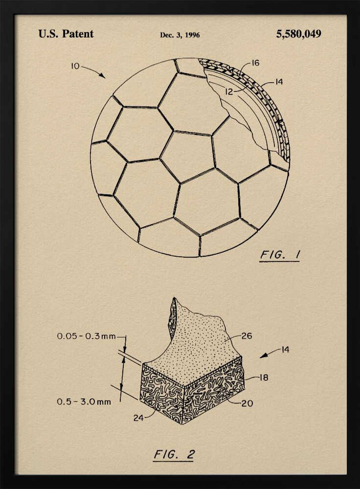 A framed vintage-style patent drawing of a soccer ball, U.S. Patent 5,580,049 from 1996. The poster displays two figures on a beige background: FIG. 1 shows the soccer ball with its hexagonal pattern and a cutaway view of its layers, while FIG. 2 provides a detailed cross-section of the ball's material. Wall Art
