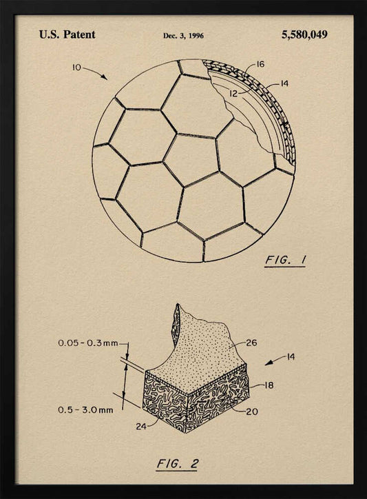 A framed vintage-style patent drawing of a soccer ball, U.S. Patent 5,580,049 from 1996. The poster displays two figures on a beige background: FIG. 1 shows the soccer ball with its hexagonal pattern and a cutaway view of its layers, while FIG. 2 provides a detailed cross-section of the ball's material. Wall Art