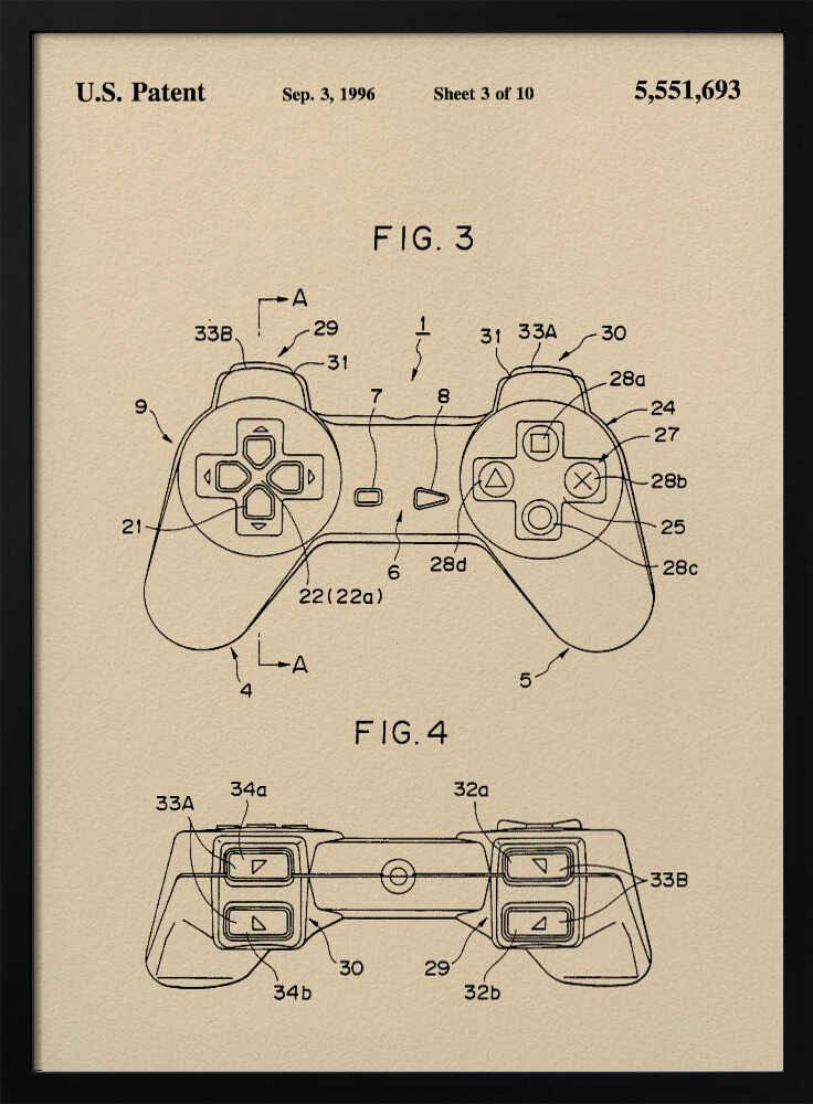 A framed patent illustration for a video game controller, dated Sep. 3, 1996. The drawing is on a cream-colored background and shows two figures (FIG. 3 and FIG. 4) of the controller, which strongly resembles the original Sony PlayStation controller, with various parts labeled with numbers. Poster