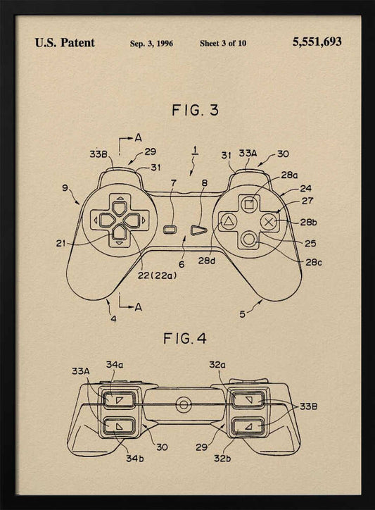 A framed patent illustration for a video game controller, dated Sep. 3, 1996. The drawing is on a cream-colored background and shows two figures (FIG. 3 and FIG. 4) of the controller, which strongly resembles the original Sony PlayStation controller, with various parts labeled with numbers. Poster
