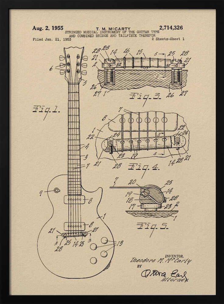 A framed patent illustration for an electric guitar, dated 1955, showing detailed schematics of the instrument and its components on aged beige paper. Decor