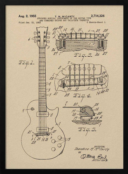 A framed patent illustration for an electric guitar, dated 1955, showing detailed schematics of the instrument and its components on aged beige paper. Decor
