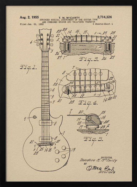 A framed patent illustration for an electric guitar, dated 1955, showing detailed schematics of the instrument and its components on aged beige paper. Decor