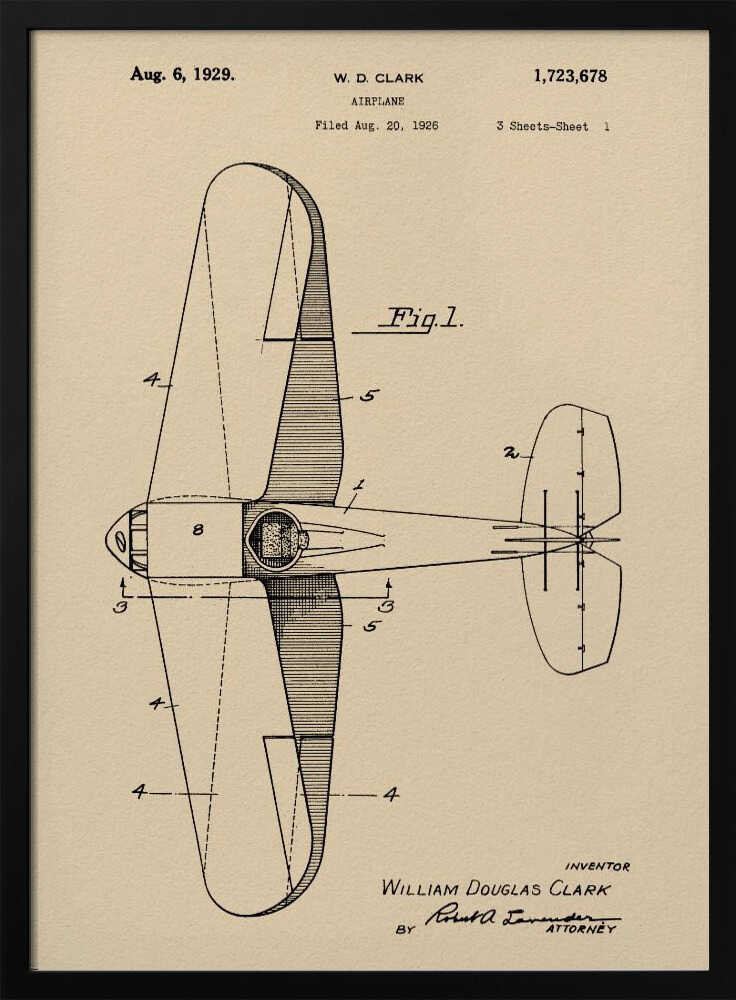A framed vintage patent illustration for an airplane, dated August 6, 1929. The technical drawing, labeled 'Fig. 1', shows a top-down view of the aircraft on aged beige paper, credited to inventor William Douglas Clark. Wall Art