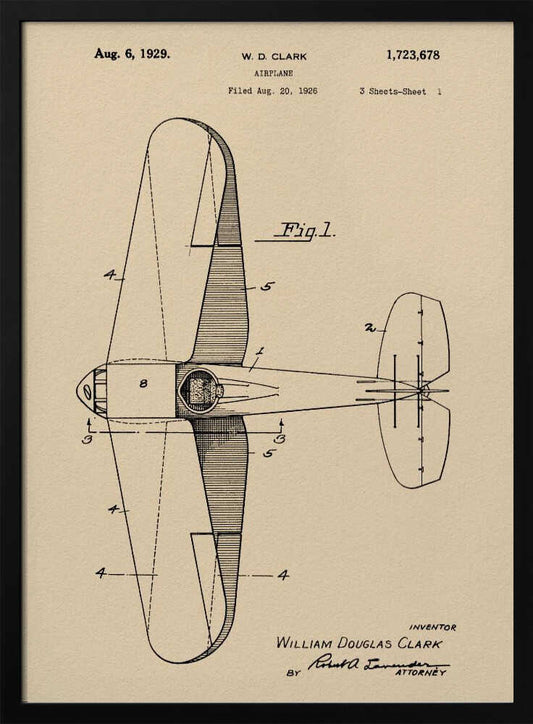 A framed vintage patent illustration for an airplane, dated August 6, 1929. The technical drawing, labeled 'Fig. 1', shows a top-down view of the aircraft on aged beige paper, credited to inventor William Douglas Clark. Wall Art