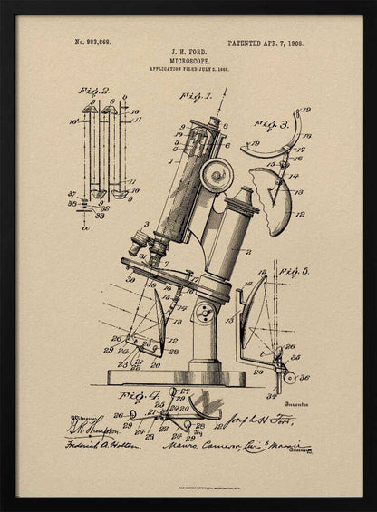 A framed art print of a vintage patent for a J. H. Ford microscope, dated April 7, 1908. The print features detailed black ink diagrams on a beige, parchment-like background, all enclosed in a simple black frame. Print