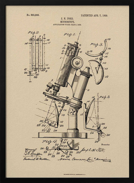 A framed art print of a vintage patent for a J. H. Ford microscope, dated April 7, 1908. The print features detailed black ink diagrams on a beige, parchment-like background, all enclosed in a simple black frame. Print