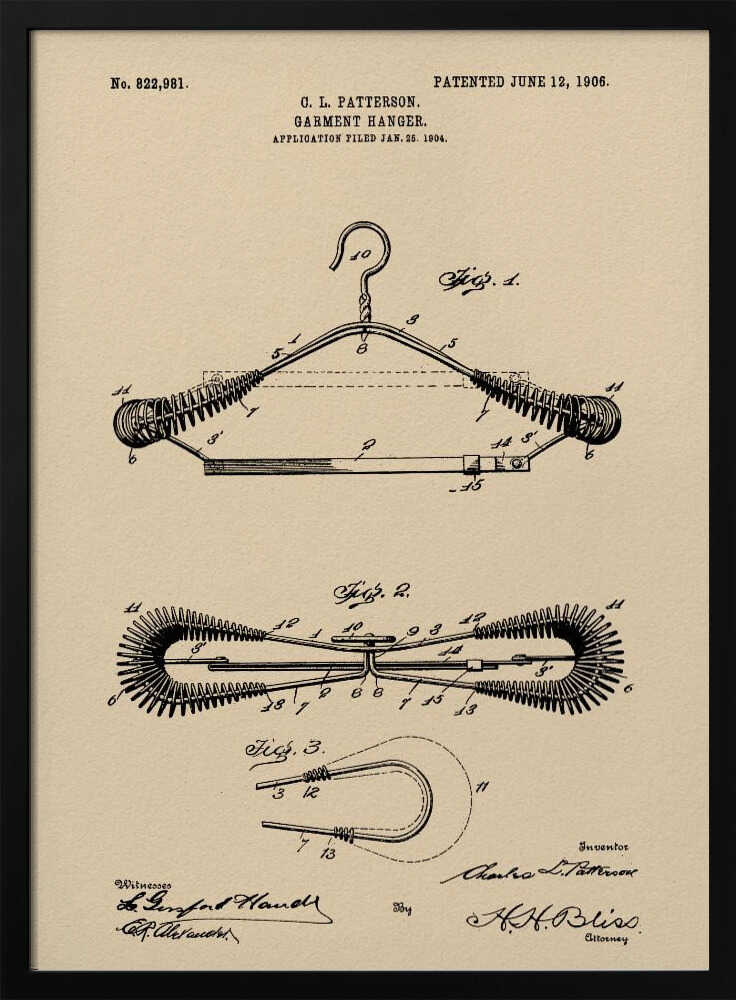 A framed vintage patent illustration for a garment hanger, dated June 12, 1906. The technical drawing is in black ink on tan-colored paper and shows multiple figures of a wire hanger with coiled springs on its arms, along with inventor and witness signatures. Wall Art