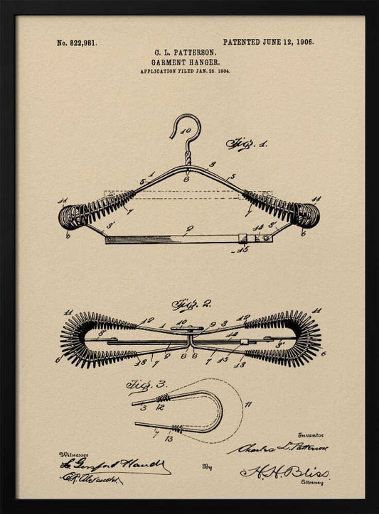 A framed vintage patent illustration for a garment hanger, dated June 12, 1906. The technical drawing is in black ink on tan-colored paper and shows multiple figures of a wire hanger with coiled springs on its arms, along with inventor and witness signatures. Wall Art