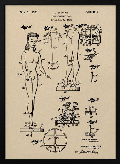 A framed vintage patent print for a 'Doll Construction' from 1961, showing detailed schematic drawings of a female doll resembling the original Barbie. The print is on beige paper with black ink and has a black frame. Wall Art