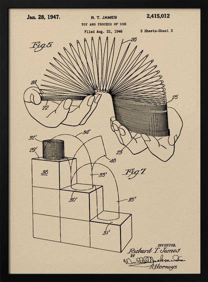 A framed vintage patent illustration for the Slinky toy on beige paper. The drawing, dated 1947, shows two diagrams: one with hands stretching the coiled spring toy, and another demonstrating the toy 'walking' down a set of blocks. Wall Art