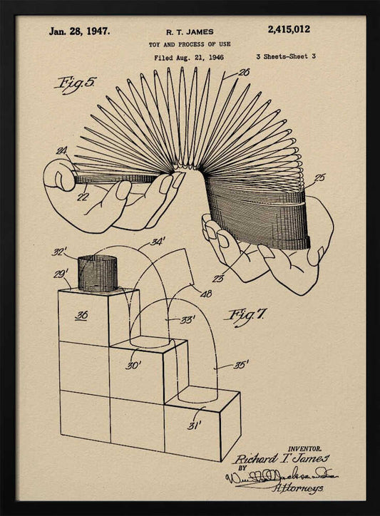 A framed vintage patent illustration for the Slinky toy on beige paper. The drawing, dated 1947, shows two diagrams: one with hands stretching the coiled spring toy, and another demonstrating the toy 'walking' down a set of blocks. Wall Art