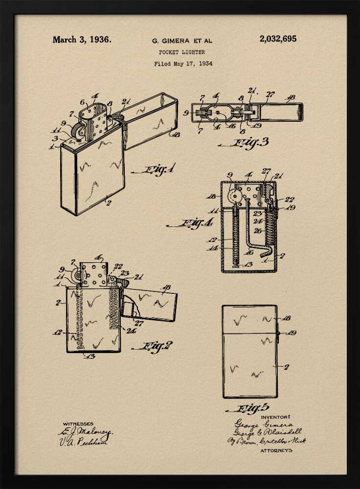 A framed vintage patent illustration for a pocket lighter, dated March 3, 1936. The print, on beige parchment-style paper, features several black-line technical drawings of the lighter's mechanism from different angles. It is presented in a simple black frame. Poster