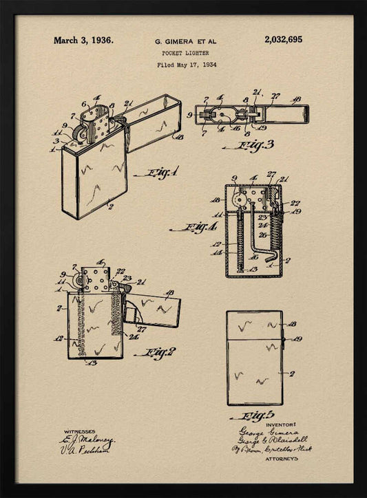 A framed vintage patent illustration for a pocket lighter, dated March 3, 1936. The print, on beige parchment-style paper, features several black-line technical drawings of the lighter's mechanism from different angles. It is presented in a simple black frame. Poster