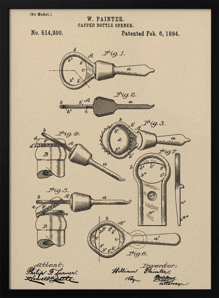 A framed vintage patent illustration for a 'Capped Bottle Opener' by W. Painter, dated February 6, 1894. The drawing, in black ink on beige paper, shows several figures detailing the design and function of the invention, complete with technical labels and signatures. Poster