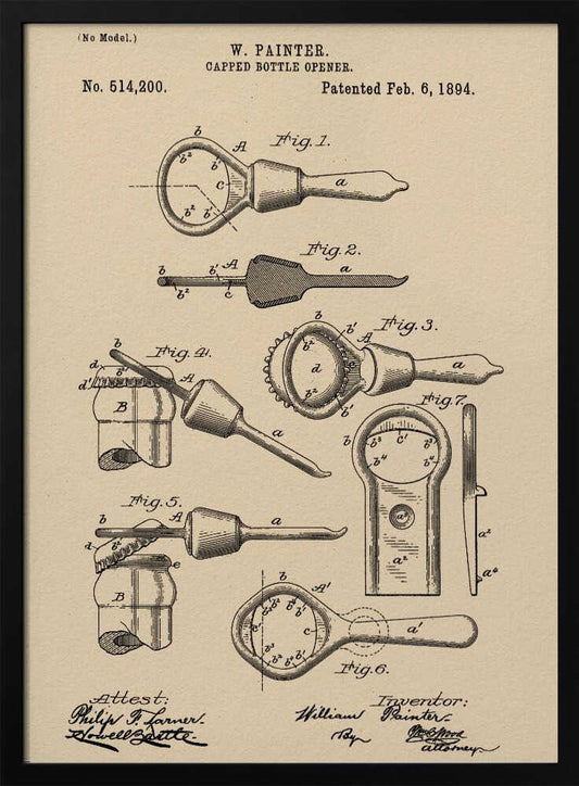 A framed vintage patent illustration for a 'Capped Bottle Opener' by W. Painter, dated February 6, 1894. The drawing, in black ink on beige paper, shows several figures detailing the design and function of the invention, complete with technical labels and signatures. Poster