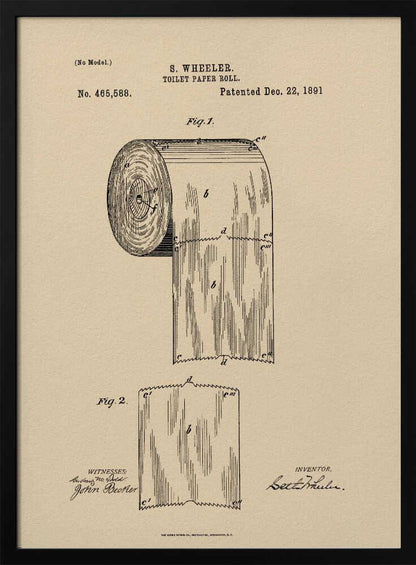 A framed vintage patent illustration for S. Wheeler's toilet paper roll, dated December 22, 1891. The drawing, in black ink on beige paper, shows a detailed diagram of a perforated toilet paper roll and a single sheet, complete with inventor and witness signatures. Wall Art