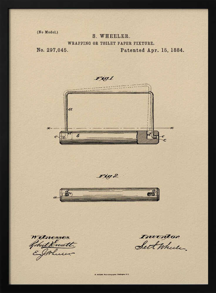 A framed vintage patent document for a 'Wrapping or Toilet Paper Fixture' by S. Wheeler, dated April 15, 1884. The document is printed on aged, beige paper and features technical diagrams, official text, and signatures of the inventor and witnesses, all enclosed in a simple black frame. Decor