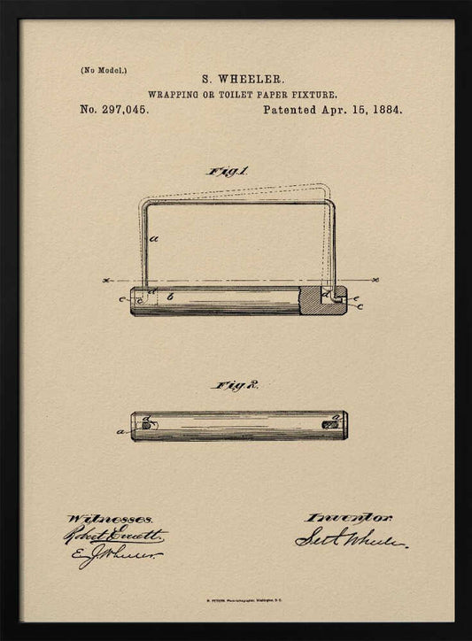 A framed vintage patent document for a 'Wrapping or Toilet Paper Fixture' by S. Wheeler, dated April 15, 1884. The document is printed on aged, beige paper and features technical diagrams, official text, and signatures of the inventor and witnesses, all enclosed in a simple black frame. Decor