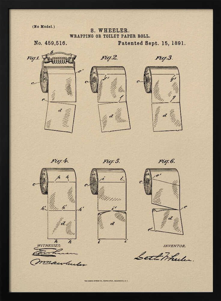 A framed vintage patent illustration from 1891 for S. Wheeler's 'Wrapping or Toilet Paper Roll'. The artwork displays six technical figures of the toilet paper roll on an aged paper background, complete with patent numbers, dates, and signatures. Decor
