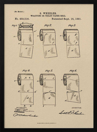 A framed vintage patent illustration from 1891 for S. Wheeler's 'Wrapping or Toilet Paper Roll'. The artwork displays six technical figures of the toilet paper roll on an aged paper background, complete with patent numbers, dates, and signatures. Decor