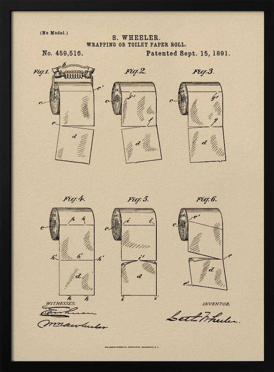 A framed vintage patent illustration from 1891 for S. Wheeler's 'Wrapping or Toilet Paper Roll'. The artwork displays six technical figures of the toilet paper roll on an aged paper background, complete with patent numbers, dates, and signatures. Decor