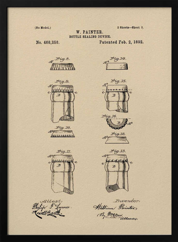 A framed vintage patent illustration for a 'Bottle Sealing Device' by W. Painter, dated 1892. The artwork, on aged beige paper, displays technical diagrams of the first bottle cap and bottle neck, complete with patent numbers, titles, and signatures. Wall Art