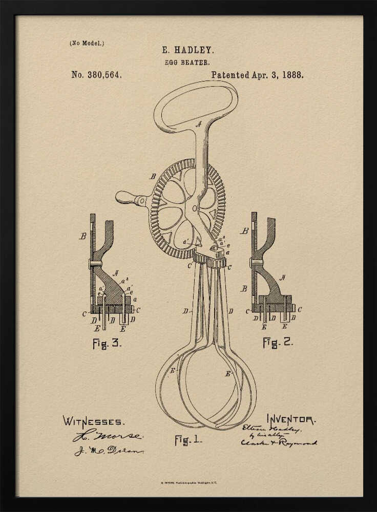 A framed vintage patent illustration for an E. Hadley egg beater, dated April 3, 1888. The technical drawing is in black ink on beige paper and shows multiple figures of the hand-cranked kitchen utensil. Poster