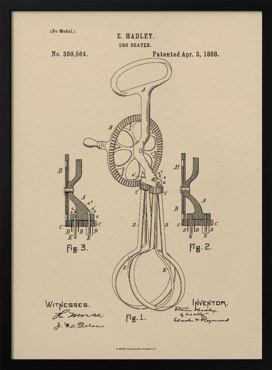 A framed vintage patent illustration for an E. Hadley egg beater, dated April 3, 1888. The technical drawing is in black ink on beige paper and shows multiple figures of the hand-cranked kitchen utensil. Poster