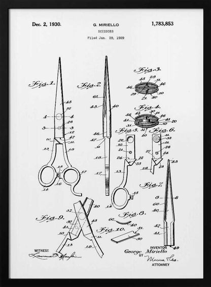 A framed black and white patent illustration for scissors by G. Miriello, dated December 2, 1930. The technical drawing shows multiple figures detailing the design, assembly, and components of the scissors against a white background. Print