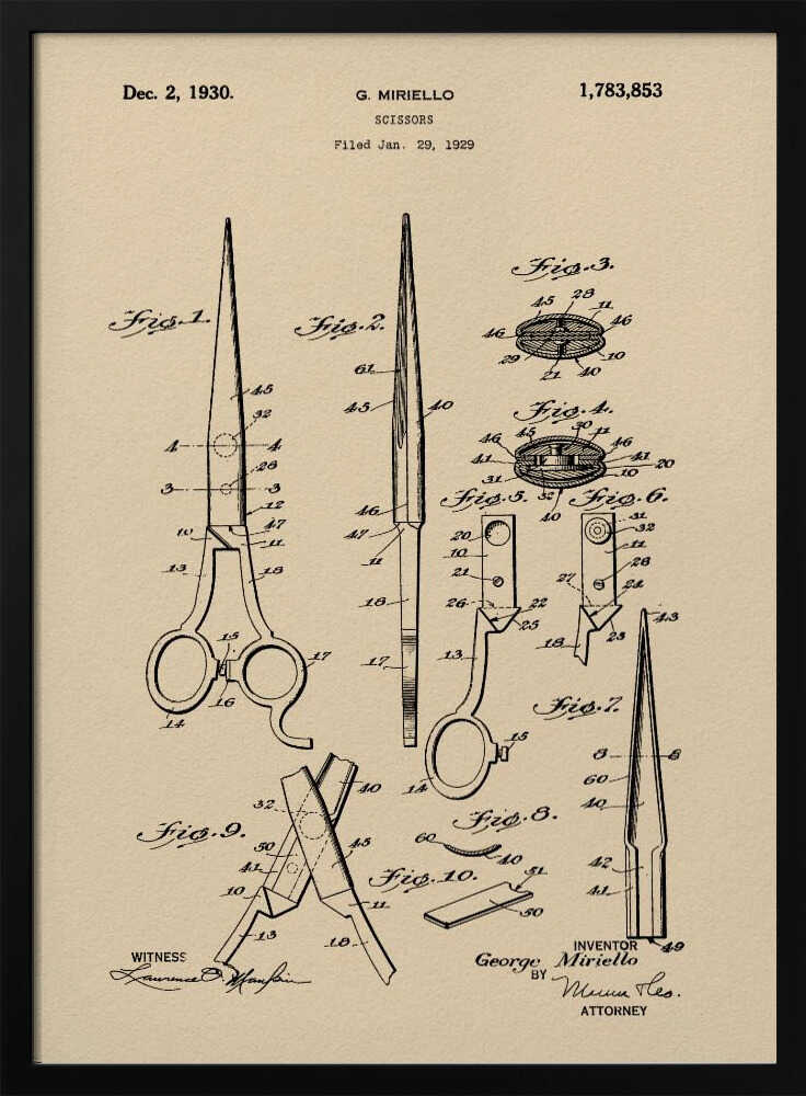 A framed vintage patent illustration for scissors, filed in 1929 by G. Miriello. The artwork features detailed technical drawings in black ink on a tan, aged-paper background, showing various views and components of the scissors. Wall Art