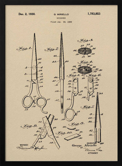 A framed vintage patent illustration for scissors, filed in 1929 by G. Miriello. The artwork features detailed technical drawings in black ink on a tan, aged-paper background, showing various views and components of the scissors. Wall Art