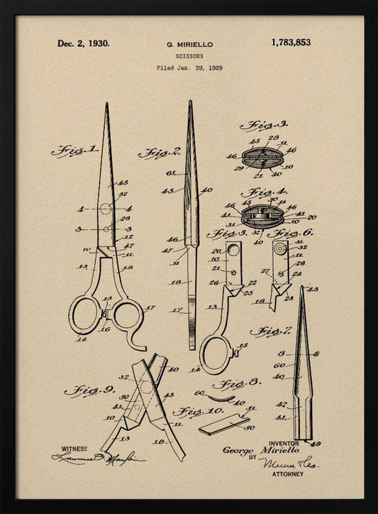 A framed vintage patent illustration for scissors, filed in 1929 by G. Miriello. The artwork features detailed technical drawings in black ink on a tan, aged-paper background, showing various views and components of the scissors. Wall Art