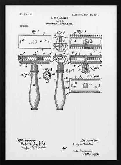 A framed black and white patent illustration for K. C. Gillette's razor, patented November 15, 1904. The drawing displays various figures and diagrams detailing the components of the safety razor, including the handle, head, and blade, with technical labels and signatures. Wall Art